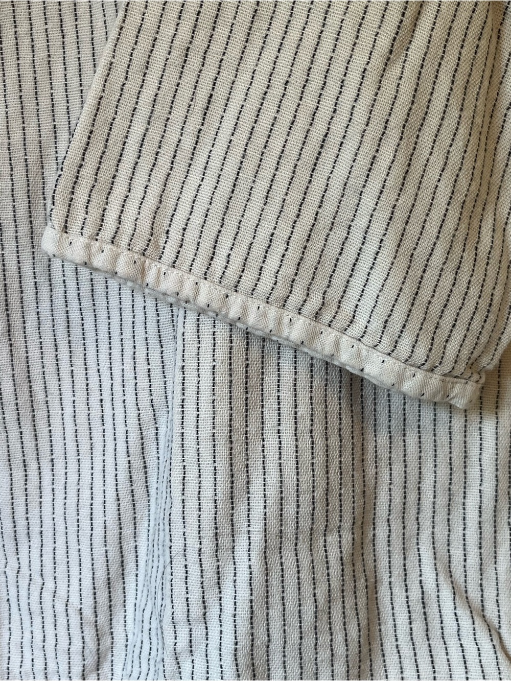 Eileen Fisher Cream Short Sleeve Shirt Quilted Hem with Thin Black Pinstripes - Picture 2 of 5